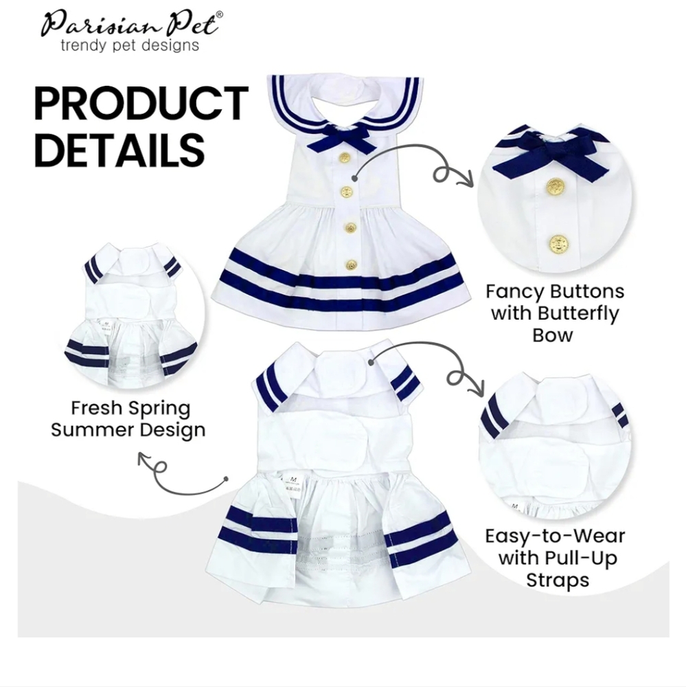 Parisian pet sailor dog dress. White blue gold medium or large.  New - Picture 5 of 12